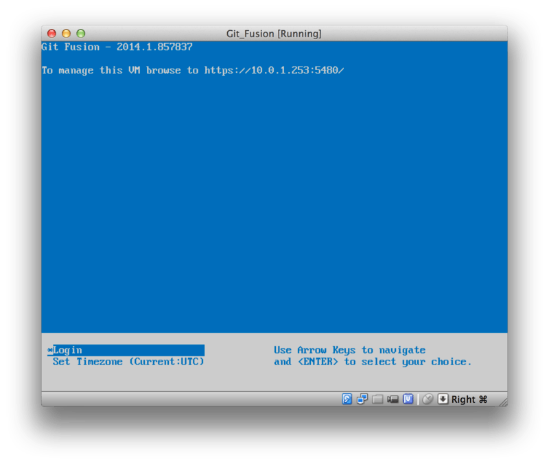 The Git Fusion virtual machine boot screen.