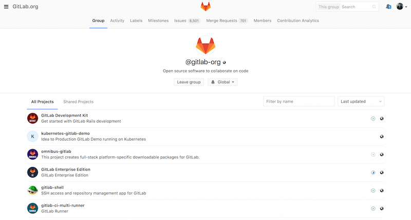 Pantalla de administración de grupos en GitLab.