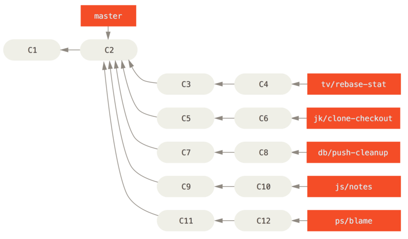 Een complexe reeks van parallelle bijgedragen topic branches beheren.